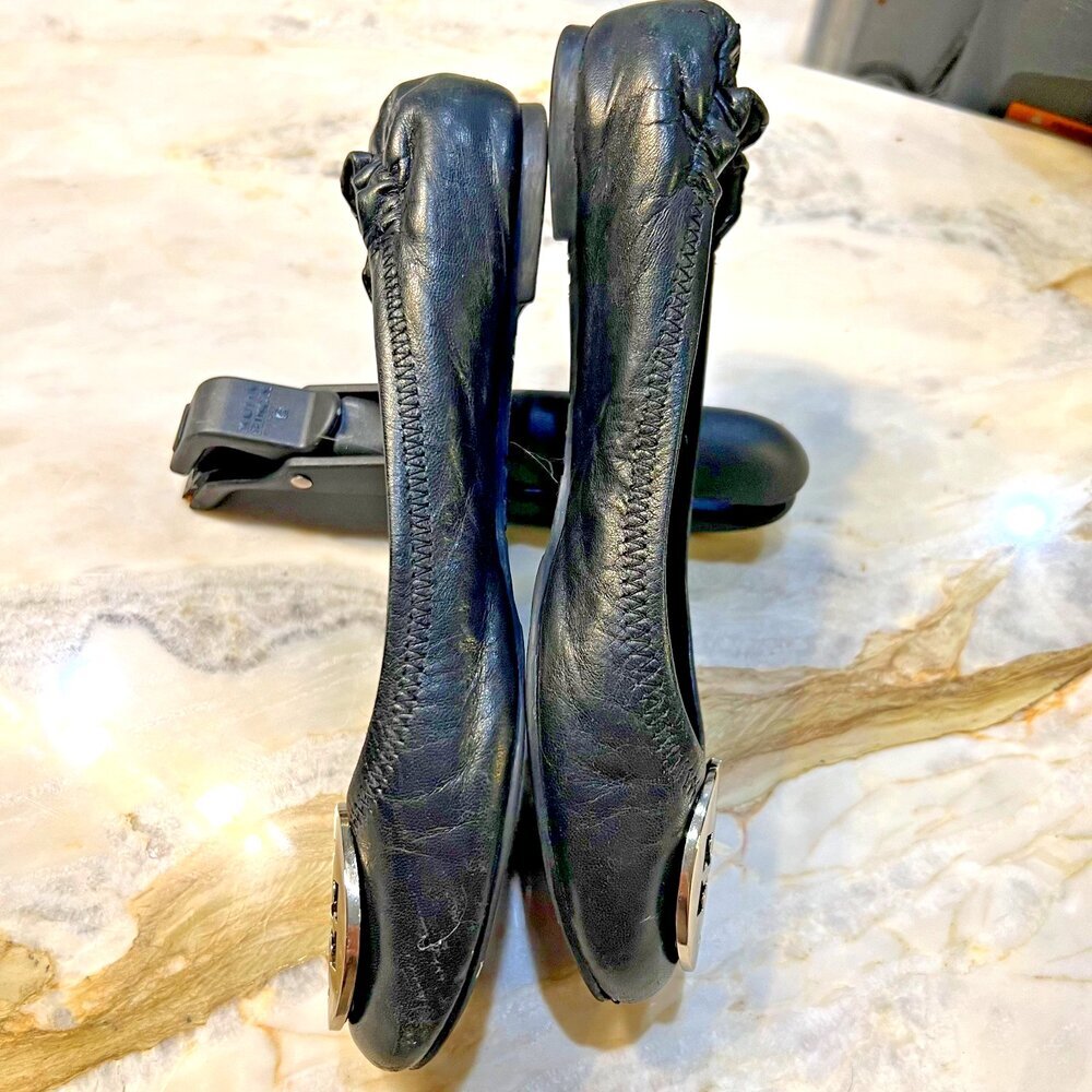 Tory Burch Reva Leather Black Silver Logo Ballet Flats Shoe Women's 6.5 - Picture 15 of 16